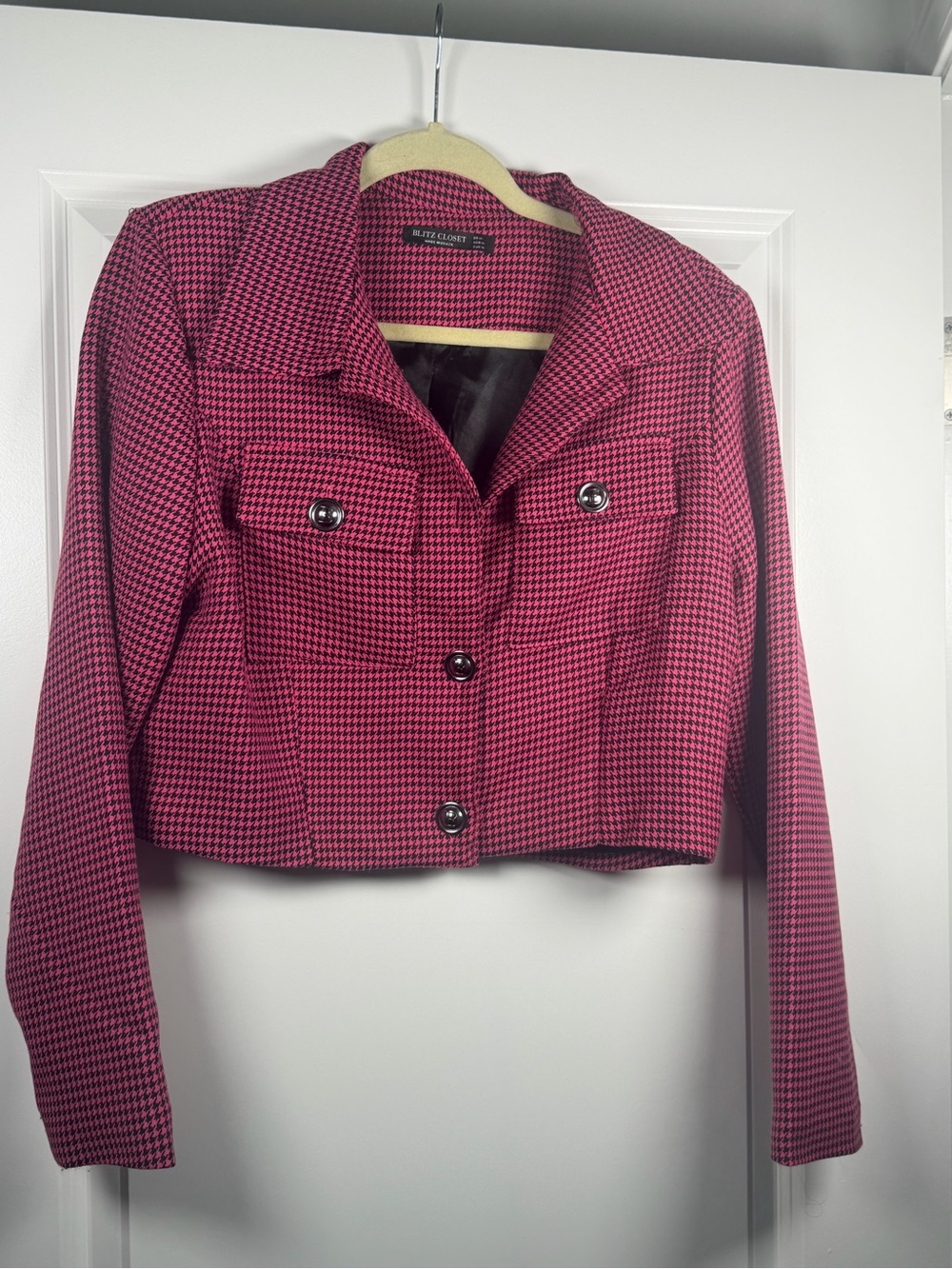 Cropped Pink Houndstooth Jacket - Women
